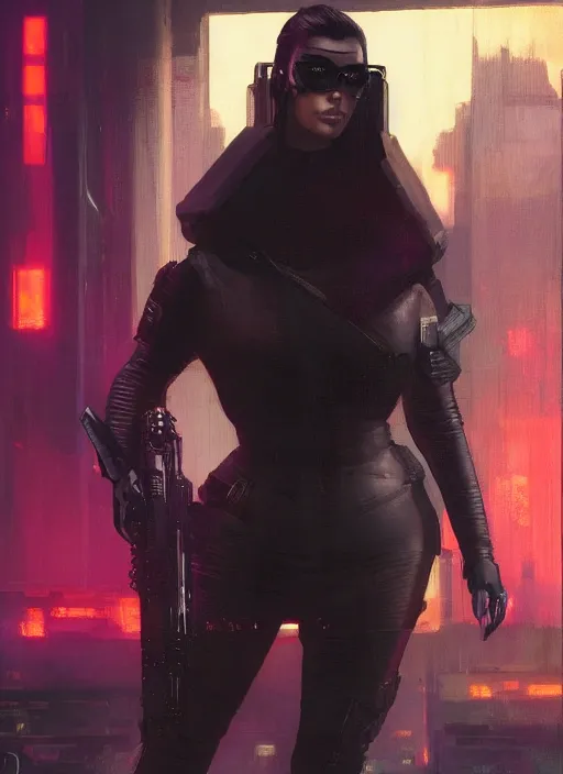Prompt: Kim Kardashian. Cyberpunk assassin in tactical gear. blade runner 2049 concept painting. Epic painting by Craig Mullins and Alphonso Mucha. ArtstationHQ. painting with Vivid color. (rb6s, Cyberpunk 2077, matrix)