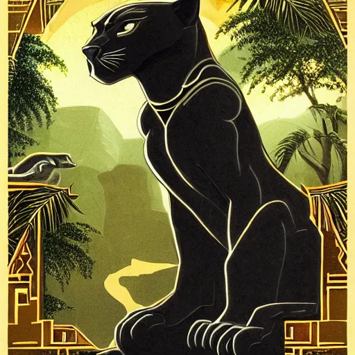 Image similar to artdeco illustration of one beautiful majestic black panther. beautiful. mysterious. intricately detailed. meticulously rendered. background is a jungle. epic skym hd. trending on art station. h 7 6 8