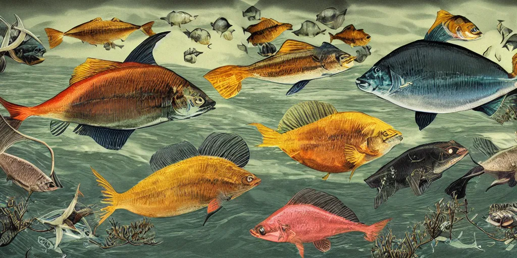 Image similar to full color page scan of vintage fish illustrations on black background, in matte painting, 2 d, kitbash, 4 k,