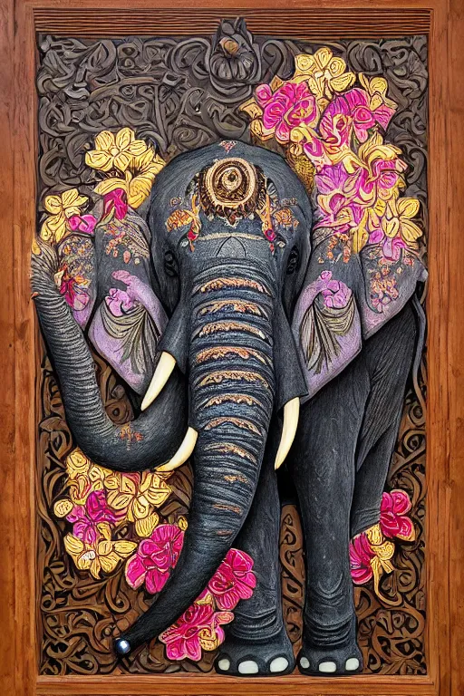 Image similar to Painted dark-wood panel relief carving of a close up of a Flowerpunk Matriarch Elephant, ornate border frame, explosion of colorful flowers, dark wood, intricately carved, black ink, festival of rich colors, intricate details, cinematic lighting, volumetric lighting, post-processing, art nouveau, tarot, fractal art, mandala, by andreas rocha and john howe, and Martin Johnson Heade, featured on artstation, featured on behance, golden ratio, hyper detailed, photorealistic, epic composition, center spotlight, f32, well composed, symmetrical, UE5, 8k