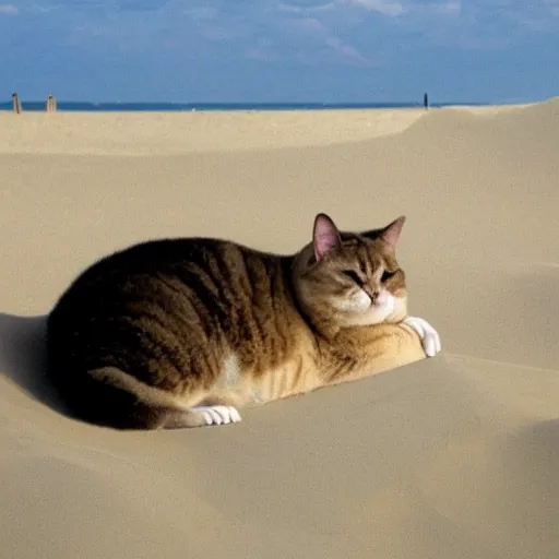 Prompt: a fat cat sleeping on a sand dune,