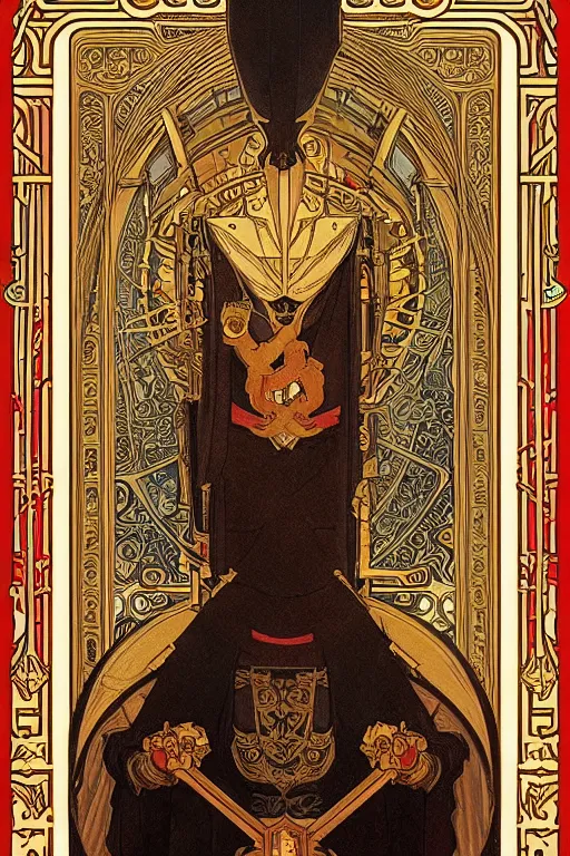 Image similar to tarot card, the emperor, medieval, super detailed, ornate, by alphonse mucha, artstation, greg rutkowski, symmetry, red, gold, white, black, 8 k