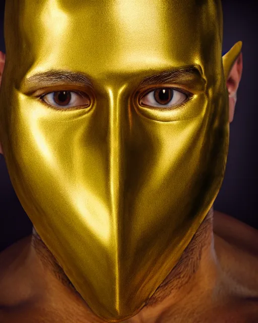 Image similar to acrylic portrait of man with a golden mask, photorealistic, shaded, cinematic lighting, high production value, intricate details, high resolution, hdr, high definition, masterpiece, realistic, ultrarealistic, highly detailed, hd, sharp focus, non blurry, sharp, smooth