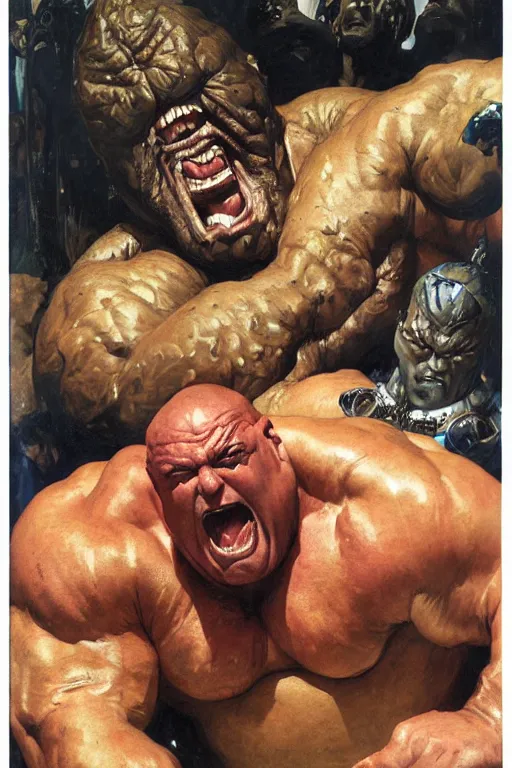 Prompt: portrait of morgan aste as huge hulking supervillain with enormous arms, thick neck, gold teeth, painted by jack kirby, lawrence alma tadema, norman rockwell, greg staples, wayne barlow, jacob collins, tom lovell, frank schoonover, neville page