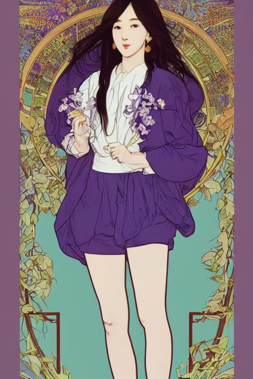 Prompt: Portrait of Eunha from Viviz and gFriend with short hair wearin purple overall shorts, short puffy pants, white tights, Golden Ribbon, and a billowy scarf. masterpiece 4k digital illustration, award winning, Artstation, art nouveau aesthetic, Alphonse Mucha background, intricate details, realistic, panoramic view, Hyperdetailed, 8k resolution, intricate art nouveau