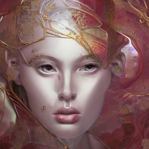 Prompt: abstract highly detailed female drawing made of white marble and red crystals quartz and minerals, ethereal lights, fine details, artstation, digital paint, fantasy, art noveau design, illustration, 8 k, intricate golden filigree, octane render, hypperrealistic painting, abstract liquid, concept art, painting by james gilleard and minna sundberg