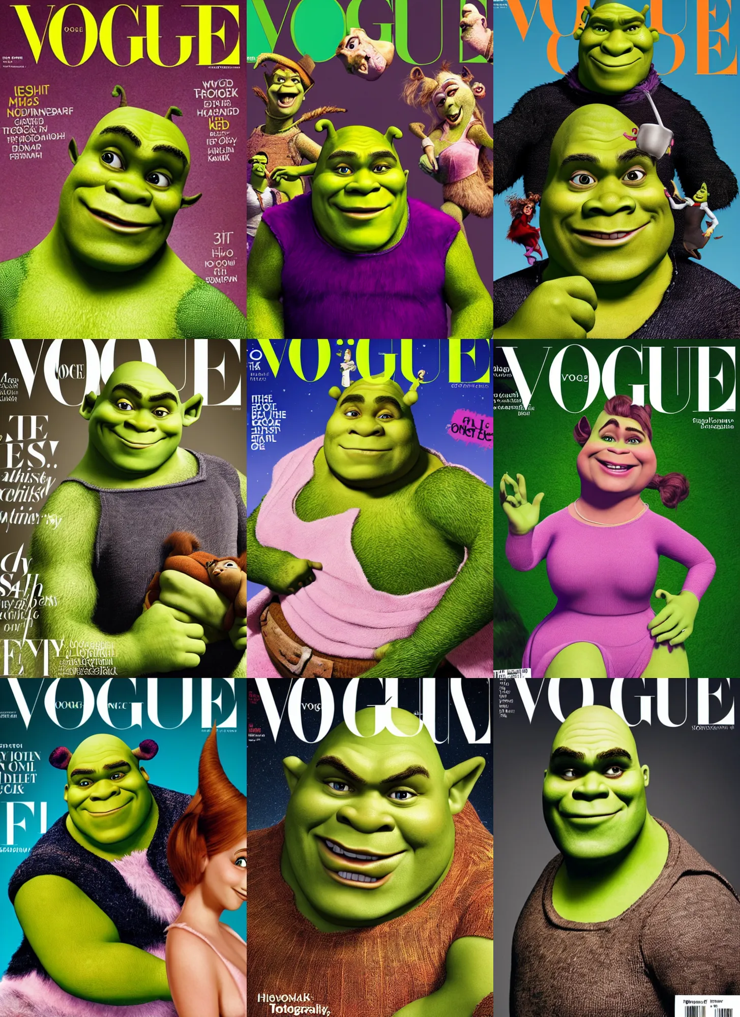 Prompt: a photograhpy of shrek on a vogue cover