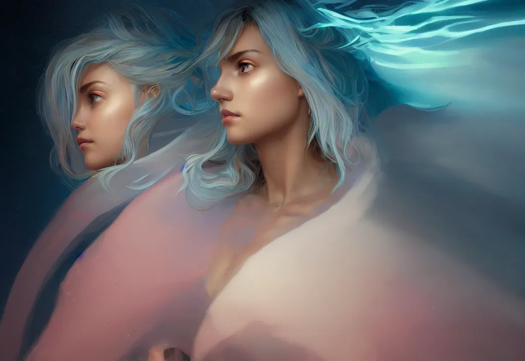 Image similar to one angel, big wings, low key light, full plate armor with cloth, f 1 6, bokeh, extreme close up portrait, gentle, female, mountain, storm, god rays, landscape, d & d, fantasy, elegant, teal pink white gold color palette, concept art, artgerm and greg rutkowski and alphonse mucha
