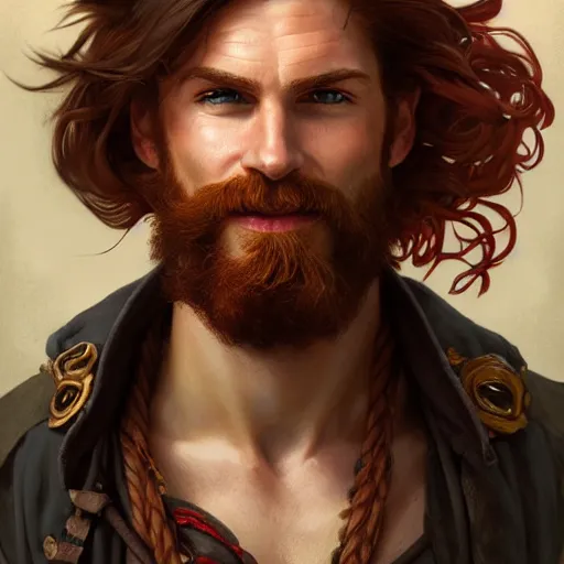 Image similar to portrait of a young ruggedly handsome but joyful pirate, male, masculine, upper body, crimson hair, long hair, d & d, fantasy, smirk, intricate, elegant, highly detailed, digital painting, artstation, concept art, matte, sharp focus, illustration, art by artgerm and greg rutkowski and alphonse mucha