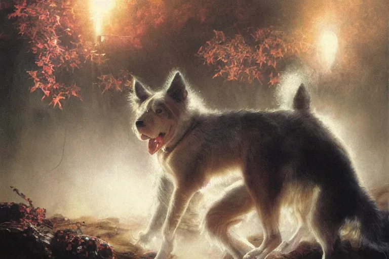 Image similar to stinky dog, ethereal back light, mist, coherent composition, detailed fantasy painting by noriyoshi ohrai