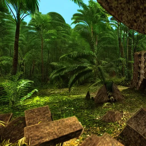 Image similar to turok 64 in a ancient mayan jungle, high quality CG render, 4K