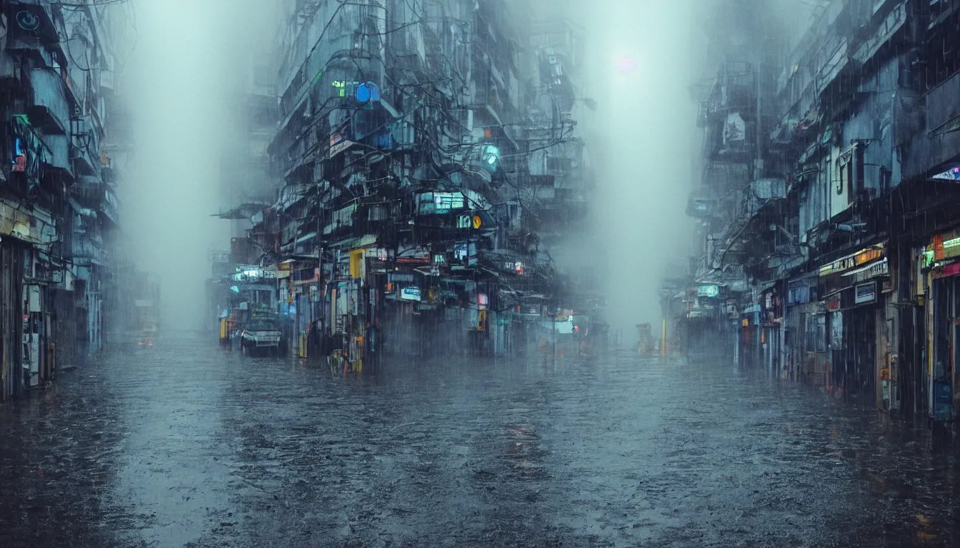 Image similar to cramped ramshackle city in the tropical rain ,at dusk, hundreds of robot cyborgs roam , puddles on a wet tarmac road reflecting ,television feedback loop , burst of powders ,detailed entangled fibres ,volumetric lighting, twisting vapour, bellowing dust ,flowing shimmering fabrics , biometric scanning forest , full of mist , overgrown detailed roots , entangled intricate cable fibres, humans hide in the underwater, full colour , upscale , 4k