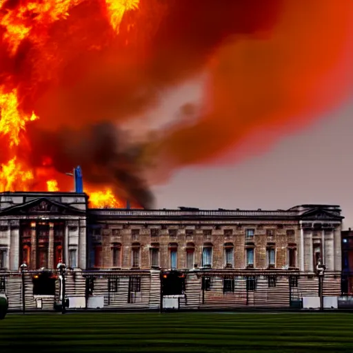 Image similar to photography of Buckingham palace collapsing in flames and dark smoke, VFX, cinematic, rule of thirds, golden ratio, evening