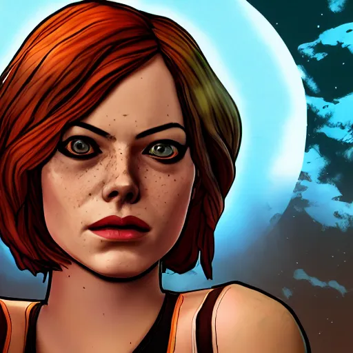 Image similar to emma stone carter portrait, borderlands, tales from the borderlands, the wolf among us, comic, cinematic lighting, studio quality, 8 k