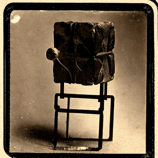 Prompt: 1 8 8 5 photo of a riveted companion!! cube!! from portal 2, daguerrotype, high quality