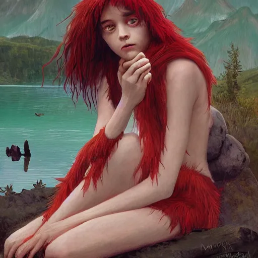 Prompt: prompt Young Harpy-Girl, red feathered wings, wearing Inka clothes, sad expression, sitting at a pond, mountainous area, trees in the background, oil painting, by Fernanda Suarez and and Edgar Maxence and greg rutkowski