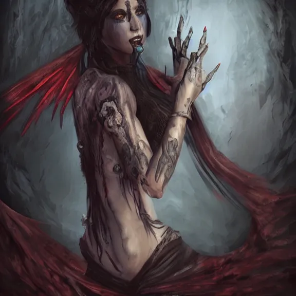 Image similar to Morrigan, cinematic flavor, rich decaying colors!, digital painting, skull liminal void background, a real picture taken by Daniel Dos Santos