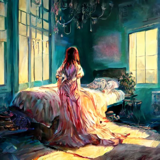 Image similar to beautiful young girl in intricate clothing by ross tran, sleeping in a messy bedroom designed by joanna gaines, at sunset, painted by sana takeda, reflections, very high intricate details, painting by liu xiaodong, digital anime art, medium shot, mid - shot, composition by ilya kuvshinov, lighting by greg rutkowski