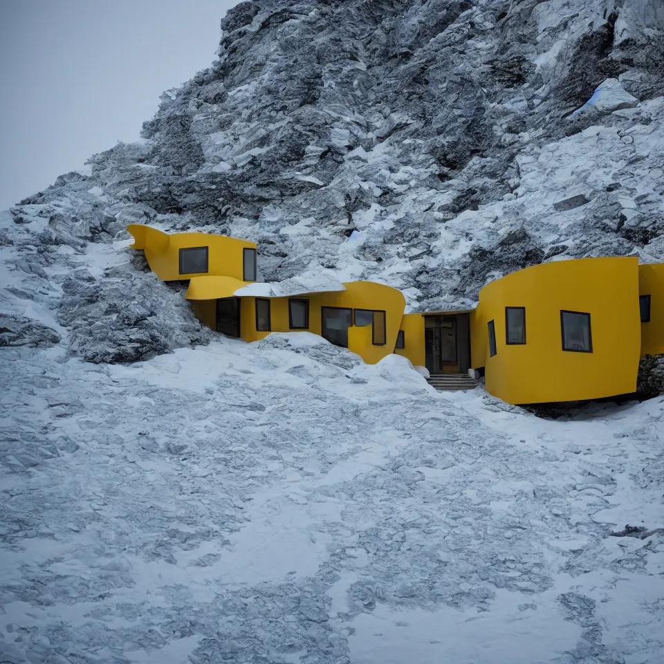 Image similar to a road leading to a mid-century modern house with large windows on top of a cliff in the arctic, covered with snow, designed by Frank Gehry. Big tiles. Film grain, cinematic, yellow hue