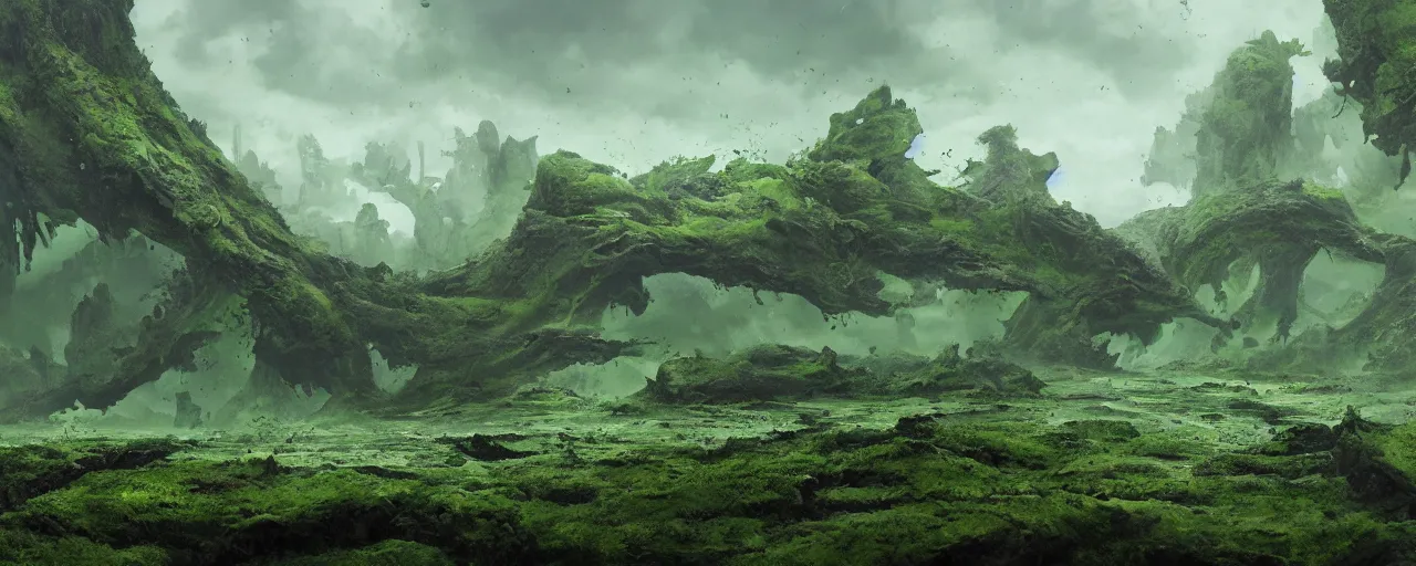 Image similar to landscape covered in green slime and goo, [ cinematic, detailed, epic, widescreen, opening, establishing, mattepainting, photorealistic, 4 k, octane render, art by greg rutkowski ]