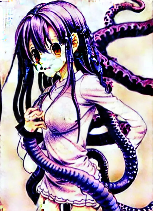 Prompt: a delinquent female student Aerith Gainsborough is being embraced by a tentacle demon she befriended. beautiful shadowing, intricate ink strokes, illustrated completely, 8k beautifully detailed ink illustration, extremely hyper-detailed pencil illustration, intricate, epic composition, perfectly composed curves, very very kawaii, masterpiece. stunning masterfully illustrated by Artgerm and Range Murata.