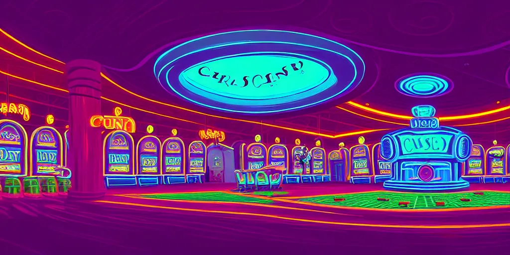 Image similar to curled perspective digital art of curly colorful indoor casino with a stage by anton fadeev from nightmare before christmas