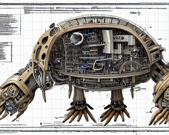 Image similar to a full page of a mechanical blueprint showing a design for a mechanized sloth from howl's moving castle ( 2 0 0 4 ), with a big head, muted colors, post grunge, studio ghibli, hq,