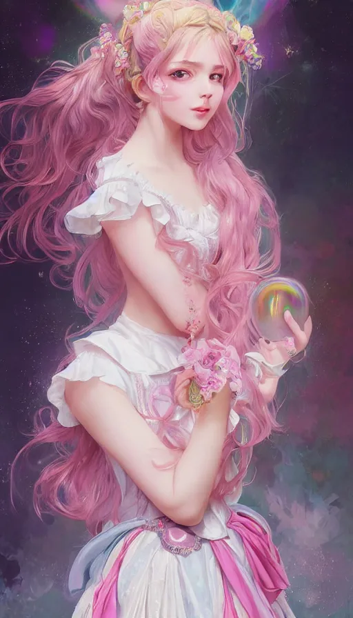 Image similar to portrait of magical lolita girl, dreamy and ethereal, expressive pose, big pink eyes, peaceful expression, , fantasy, intricate, elegant, many rainbow bubbles, rose tones, highly detailed, digital painting, artstation, concept art,cyberpunk dress, smooth, sharp focus, illustration, art by artgerm and greg rutkowskiand alphonse mucha