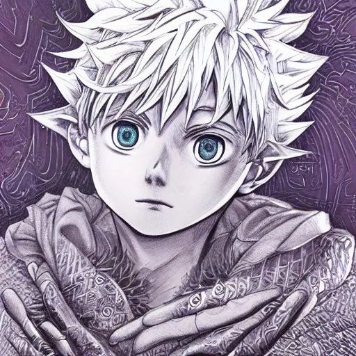 Image similar to killua zoldyck made of jewlery, an ultrafine detailed illustration by ( vania zouravliov ), rossdraws, irakli nadar, intricate linework, bright colors, final fantasy, behance contest winner, angular, unreal engine, global illumination, radiant light, detailed and intricate environment, thunderstorms, purple