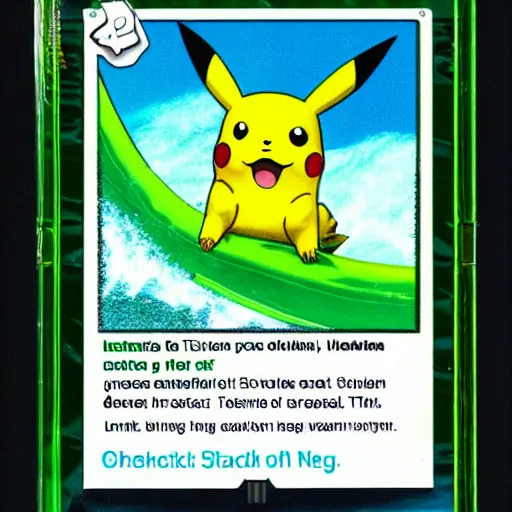 Image similar to pikachu surfing on a wave made of green slime, pokemon tcg image