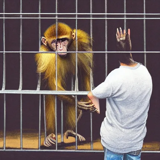 Prompt: monkey at the zoo grabs man's shirt through bars, very very beautiful, trending on artstation