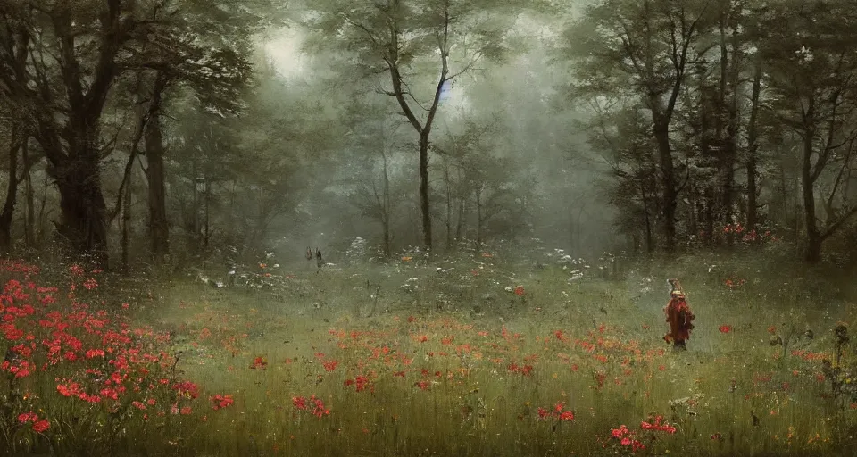 Image similar to Enchanted and magic forest full of wild flowers, by JAKUB ROZALSKI