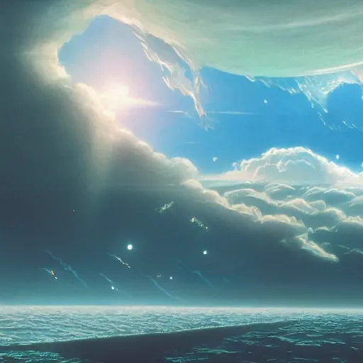 Prompt: beautiful matte painting of a dreamy ocean with clouds, sci - fi, daylight, blue sky, cinematic lighting, cinematic perspective, planet above, syd mead, john harris, federico pelat