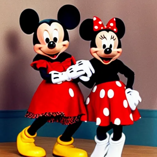 Prompt: mickey mouse dancing with minnie mouse