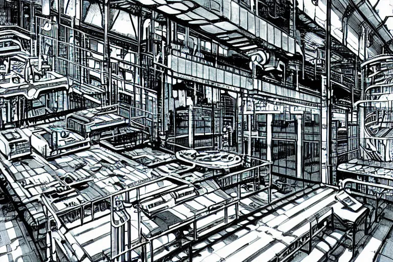 Image similar to a scifi illustration, factory interior. seen from above in FANTASTIC PLANET La planète sauvage animation by René Laloux, line brush