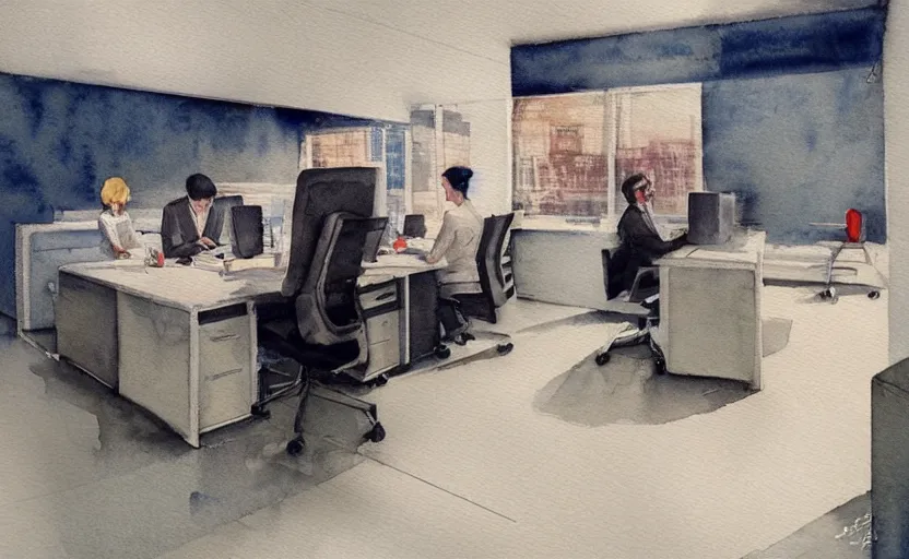 Prompt: concept art of a modern office life, pinterest, artstation trending, behance, watercolor, by coby whitmore *, silver, laser light *,