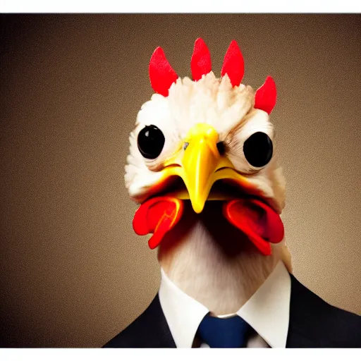 Image similar to a high quality photo of an antropomorphic chicken wearing a suit, 8k, digital art