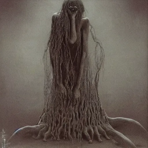 Image similar to a monster that is the personification of guilt painted by zdzisław beksinski