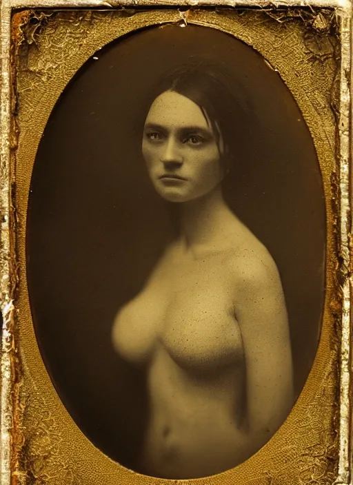 Image similar to old wetplate daguerreotype portrait of a lady with crackle skin, explosion of data fragments, fractal, intricate, elegant, highly detailed, parallax, leica, medium format, subsurface scattering, by jheronimus bosch and greg rutkowski and louis jacques mande daguerre