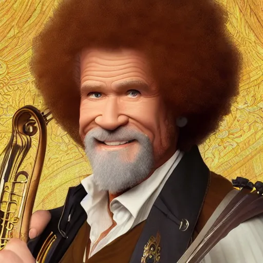 Image similar to an ultra detailed vector image of bob ross dressed as a fantasy bard, d & d, epic fantasy, concept art by alphonse mucha and greg rutkowski, octane render, 8 k, detailed face