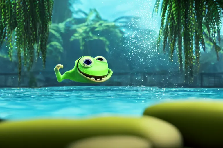 Prompt: diorama of mike wazowski swimming, setting is bliss wallpaper, realistic, 4 k, detailed, atmospheric, cinematic lighting, octane render, unreal engine render, ray tracing lighting