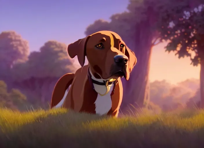 Image similar to a wholesome animation key shot of all brown pointer dog, studio ghibli, pixar and disney animation, sharp, rendered in unreal engine 5, anime key art by greg rutkowski, bloom, dramatic lighting