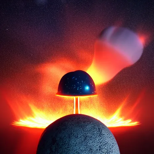 Image similar to a nuclear blast mushroom cloud on earth shattering doomsday seen from outer space comicbook style volumetric lighting birdeye view realistic 3d rendering octane render