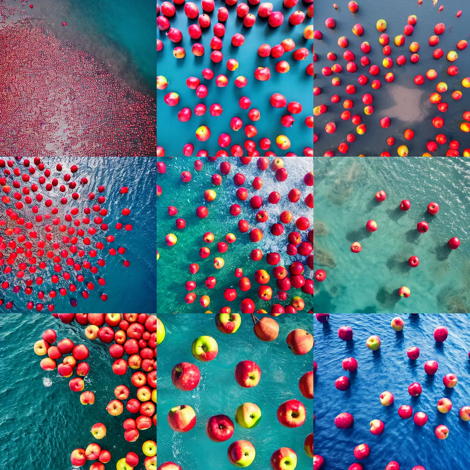 Prompt: an overhead shot of 7 thousand apples floating in the middle of the ocean, 8 k hdr movie still