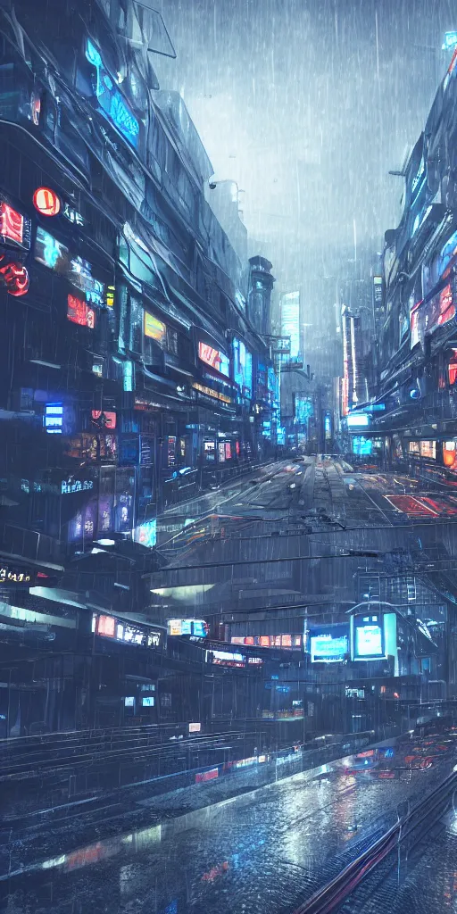 Image similar to equirectangular projection grid of a futuristic bladerunner, cyberpunk, trainstation in the rain at night, volumetric lighting, 4K, Spherical, Panorama, RealityEngine, PhotoRender, hyperdetailed, cinematic