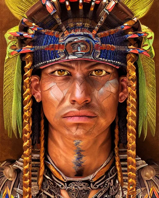 Image similar to digital painting of a mayan warrior by filipe pagliuso and justin gerard, symmetric, fantasy, highly detailed, realistic, intricate, portrait, sharp focus, tarot card