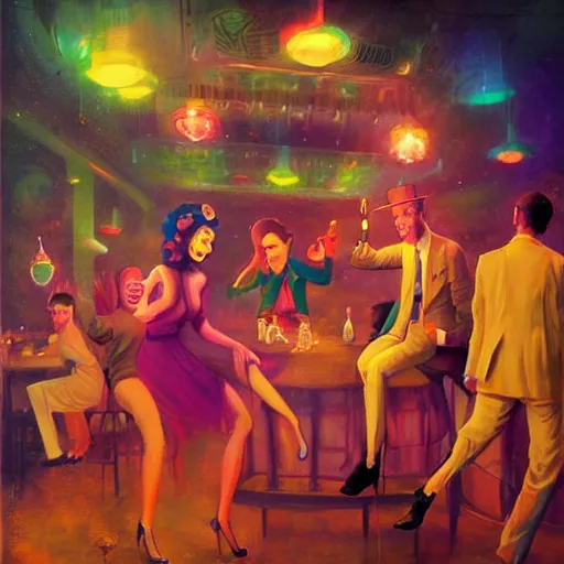 Prompt: young octupuses in a fancy vintage nightclub dancing and drinking, partylights, great colors, by esao andrews, trending on artstation
