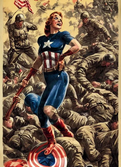 Image similar to female captain america standing on a pile of defeated german soldiers. female captain america wins wwii. american wwii propaganda poster by james gurney