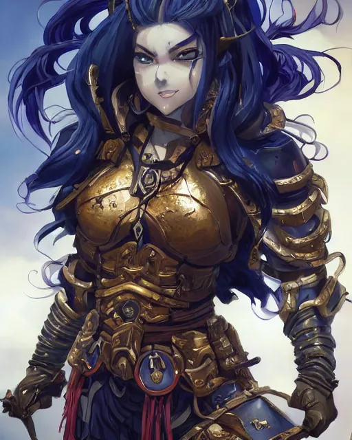 Image similar to An anime portrait of a beautiful D&D half-orc female with long wavy dark blue hair, bright orange eyes, intricate full body armour, fantasy soldier, by Stanley Artgerm Lau, WLOP, Rossdraws, James Jean, Andrei Riabovitchev, Marc Simonetti, and Sakimichan, highly detailed, ultra detailed, golden hour, trending on artstation, cgstudio