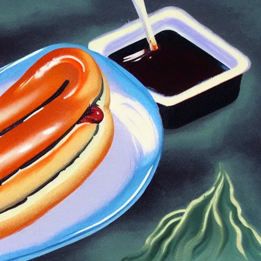 Image similar to high quality vintage brush painting of hot dog and coke by isami kondo